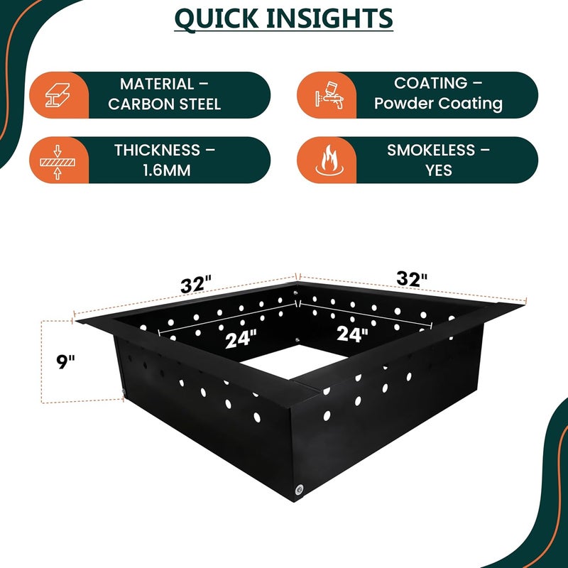 FEBTECH Smokeless Firepit Ring Insert Square - 32" OD & 24" ID - Premium 2MM Steel Square Fire Ring with Air Vents - Smokeless Liner with Easy Assembly for Outdoor Wood Burning Fireplace and Bonfire - Image 2